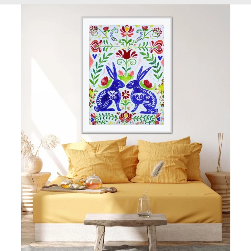 Scandinavian Rabbits Giclée Folk Art Print of Oil Painting Whimsical Rosemaling - Picture 3 of 9